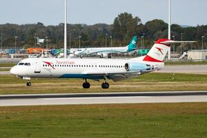 austríaco companhias aéreas passageiro avião às aeroporto. cronograma voar viagem. aviação e aeronaves. ar transporte. global internacional transporte. mosca e vôo. foto