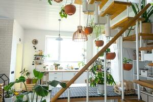 a geral plano do uma luz branco moderno rústico cozinha com uma modular metal Escadaria decorado com em vaso plantas. interior do uma casa com plantas de casa foto