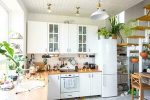 a geral plano do uma luz branco moderno rústico cozinha com uma modular metal Escadaria decorado com em vaso plantas. interior do uma casa com plantas de casa foto