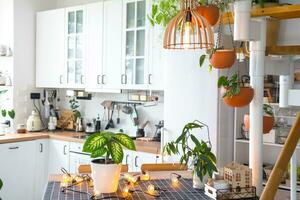 a geral plano do uma luz branco moderno rústico cozinha com uma modular metal Escadaria decorado com em vaso plantas. interior do uma casa com plantas de casa foto