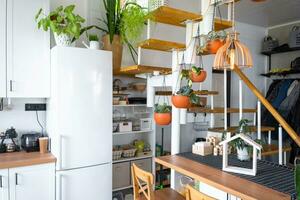 a geral plano do uma luz branco moderno rústico cozinha com uma modular metal Escadaria decorado com em vaso plantas. interior do uma casa com plantas de casa foto