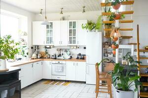 a geral plano do uma luz branco moderno rústico cozinha com uma modular metal Escadaria decorado com em vaso plantas. interior do uma casa com plantas de casa foto