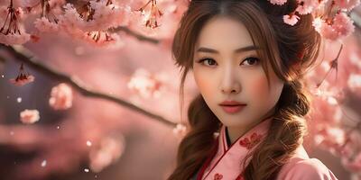 fotorrealista imagem do uma lindo japonês menina entre cereja flores. cosméticos anúncio. ai gerado foto