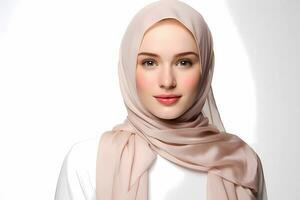 ai generativo uma retrato do jovem sorridente muçulmano mulher vestindo hijab dentro uma profissional estúdio. promovendo para hijab produtos e cuidados com a pele. foto