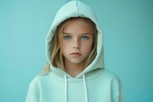 ai generativo retrato do uma pequeno menina vestindo uma capuz. roupa de esporte publicidade conceito. bandeira. foto