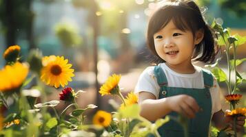 ai generativo pequeno menina jardinagem com panorama cheio do flores em caloroso ensolarado dia. família atividade. jardinagem e agricultura conceito foto