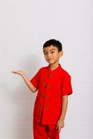 pequeno Garoto moda sorridente criança convidativo dentro vermelho chinês vestir estilos e moda Ideias para crianças chinês Novo ano, chinês Novo ano foto