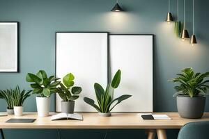 ai generativo esvaziar quadro, Armação brincar dentro moderno minimalista interior com na moda em vaso plantar foto