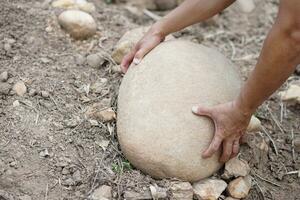 fechar acima mão é elevação grande pedra a partir de chão. conceito, pesado. Difícil trabalhando. Forte corpo para lift ou mover pesado Rocha. foto