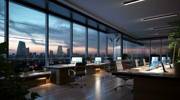 moderno escritório interior com panorâmico janelas e lindo iluminação. generativo ai foto