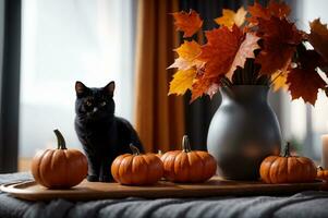 Preto gato, abóboras, e outono folhagem dentro acolhedor Ação de graças contexto, ai gerado foto
