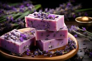 orgânico Sabonete com lavanda feito à mão às lar. ai gerado foto