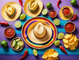 uma colorida mexicano chapéu cercado de salgadinhos e salsas. ai gerado foto