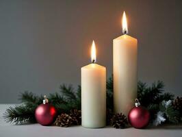 dois velas com Natal decorações e decorações. ai gerado foto