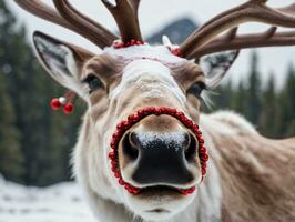 uma rena com vermelho Natal decorações em Está nariz. ai gerado foto