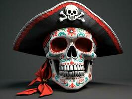 uma crânio vestindo uma pirata chapéu e uma vermelho banda. ai gerado foto