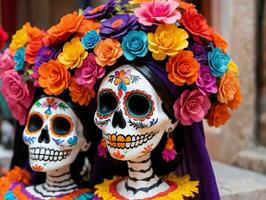 dois esqueletos com colorida flores em seus cabeças. ai gerado foto