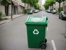 uma verde Lixo pode em a lado do uma rua. ai gerado foto