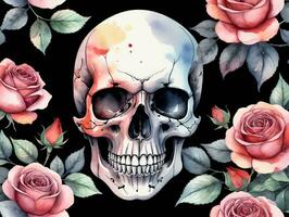 uma crânio e rosas em uma Preto fundo. ai gerado foto