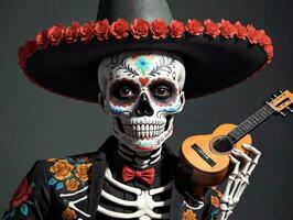 uma esqueleto com uma guitarra e uma mexicano chapéu. ai gerado foto