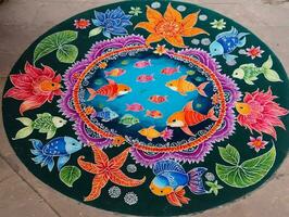 uma colorida pintado circular com peixe e flores ai gerado foto