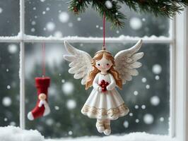 uma Natal anjo nome ornamentado suspensão em uma janela. ai gerado foto