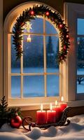 foto do Natal trenó faixas conduzindo para uma luz de velas janela. ai gerado