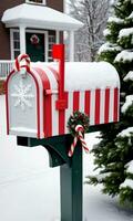 foto do Natal coberto de neve caixa de correio com doce bengala listras. ai gerado