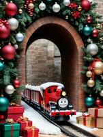 foto do Natal brinquedo trem indo através uma túnel do presentes. ai gerado