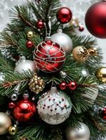 foto do Natal pinho árvore galhos coberto com tinir sinos e vidro enfeites. ai gerado