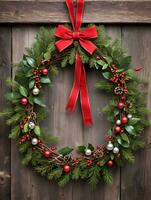 foto do Natal guirlanda entrelaçados com tinir sinos e visco suspensão em uma rústico de madeira porta. ai gerado