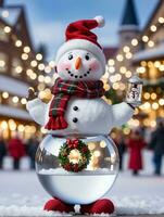 foto do Natal boneco de neve vestindo uma guirlanda colar segurando uma vidro neve globo dentro a Cidade quadrado com cintilante luzes. ai gerado