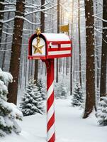 foto do Natal coberto de neve caixa de correio com doce bengala listras e uma dourado Estrela em topo conjunto contra uma pano de fundo do uma Nevado floresta. ai gerado