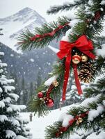 foto do Natal pinho árvore galhos coberto com vermelho fitas flocos de neve e tinir sinos contra uma Nevado montanha pano de fundo. ai gerado