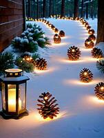 foto do Natal lanternas iluminador uma caminho do pinhas. ai gerado