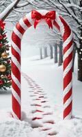 foto do Natal Nevado pegadas conduzindo para uma doce bengala arco com suspensão meias. ai gerado