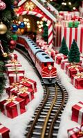 foto do Natal brinquedo trem indo através uma túnel do presentes e doce bengalas. ai gerado