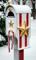 foto do Natal coberto de neve caixa de correio com doce bengala listras e uma dourado Estrela em topo. ai gerado