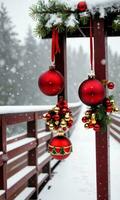 foto do Natal tinir sinos em uma Nevado ponte com suspensão enfeites. ai gerado