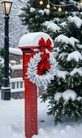 foto do Natal coberto de neve caixa de correio com uma guirlanda e fada luzes. ai gerado