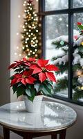 foto do Natal poinsétia plantar cercado de flocos de neve e fada luzes em uma mármore mesa Próximo para uma grande janela. ai gerado