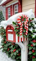 foto do Natal coberto de neve caixa de correio preenchidas com doce bengalas e azevinho folhas lado de fora uma pitoresco cabana. ai gerado