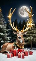 foto do Natal rena galhadas ao lado uma pilha do presentes embrulhado dentro dourado estrelas dentro uma enluarada floresta compensação. ai gerado
