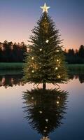 Natal árvore com Estrela chapéu de coco refletido dentro uma lagoa alvorecer Claro céu grandes tomada. ai gerado foto