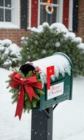 festão embrulhado por aí uma caixa de correio recheado com Natal cartões tarde nevando tiro a partir de a frente. ai gerado foto