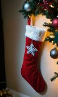 Natal meias suspensão dentro uma mal iluminado sala. ai gerado foto