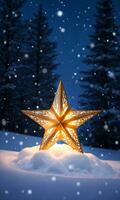 uma Natal Estrela brilhando brilhantemente em uma Nevado noite. ai gerado foto