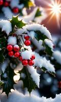 coberto de neve azevinho bagas Próximo para uma brilhando Natal Estrela tarde ao ar livre macro tomada. ai gerado foto