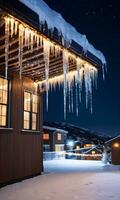 pingentes de gelo suspensão a partir de uma coberto de neve telhado adornado com cintilante luzes tiro às noite. ai gerado foto