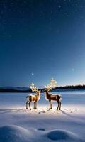uma Nevado campo com iluminado rena figuras debaixo a estrelas capturado às noite. ai gerado foto